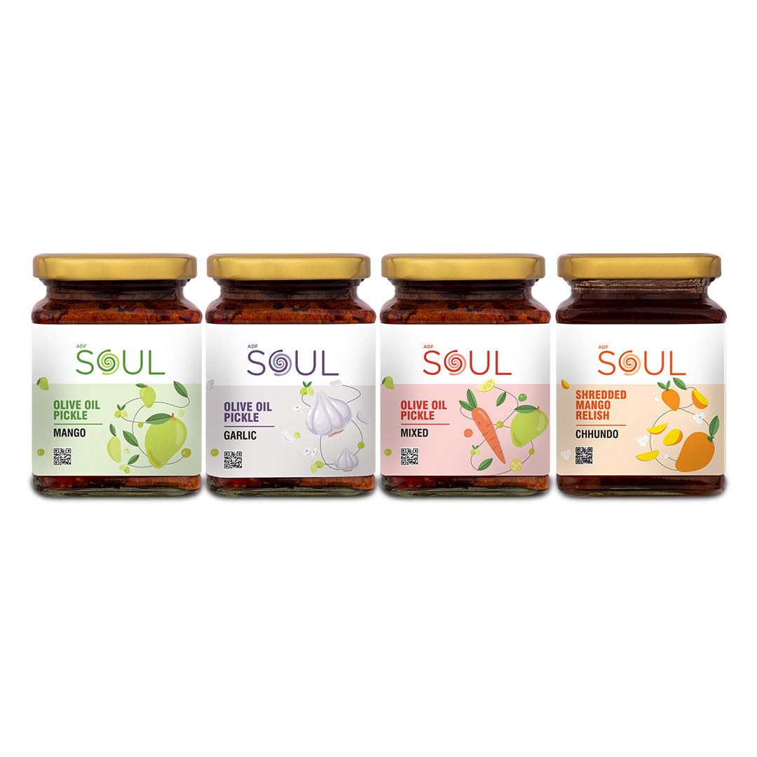 Soul Pickle In Olive Oil Combo Pack Of 4 (Mango Pickle 275 GM + Garlic Pickle 275 GM + Mixed Pickle 275 GM + Chhundo Pickle 325 GM)