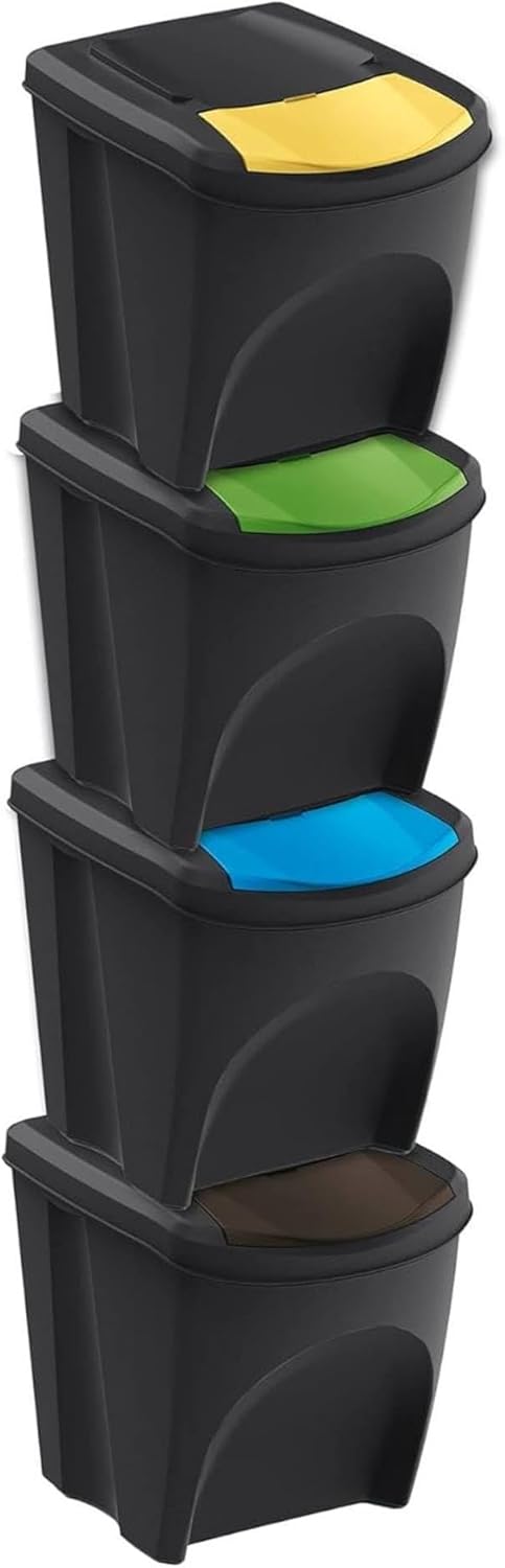 WELL HOME MOBILIARIO & DECORACIÓN Set of 4 Waste Bins 100% Recycled Plastic, Black, 4 x 25L