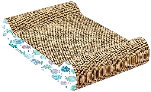 Image of Amazon Basics Cat Scratch Pad With Catnip | For Indoor Cats & Kittens | Double-Sided Corrugated Cat Scratcher Cardboard | 15 x 8.9 x 3 cm | Brown and White