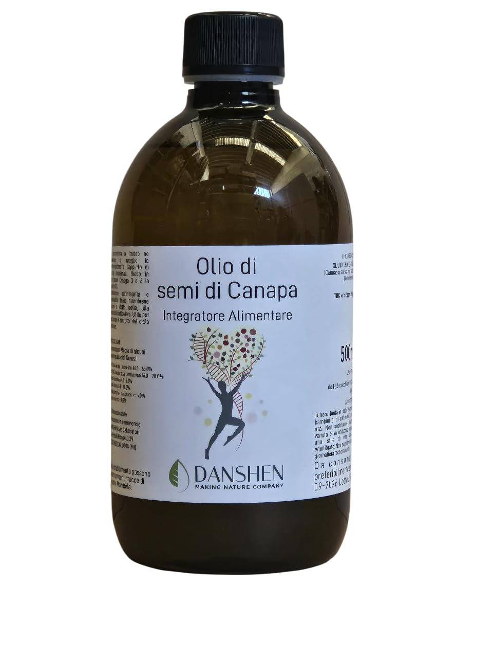 OLIO di CANAPA SEMI 0,5 litro (500 mL) Qualità superiore, Ricco di Acidi Grassi Omega 3-6-9 Integratore Alimentare - No OGM Additivi, Conservanti - Tappo inviolabile - Ideale per VISO e CORPO.