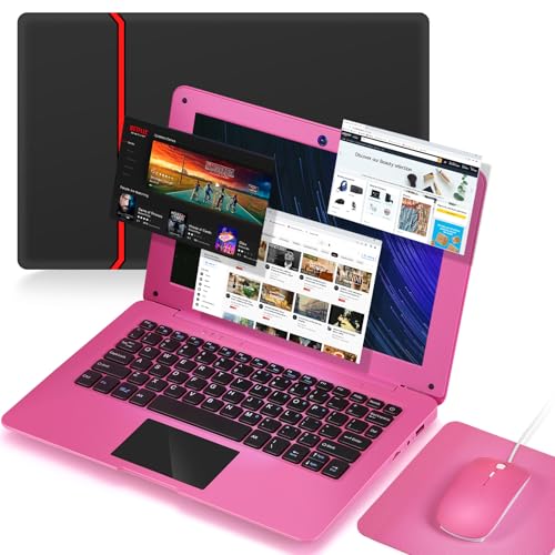 G-Anica Android 12.0 Laptop 10.1 Inch Notebook Slim and Lightweight Mini Netbook Computer with Bluetooth WiFi Webcam, and Laptop Bag,Mouse, Mouse Pad,Mini Laptop for Kids and Adults(Pink)