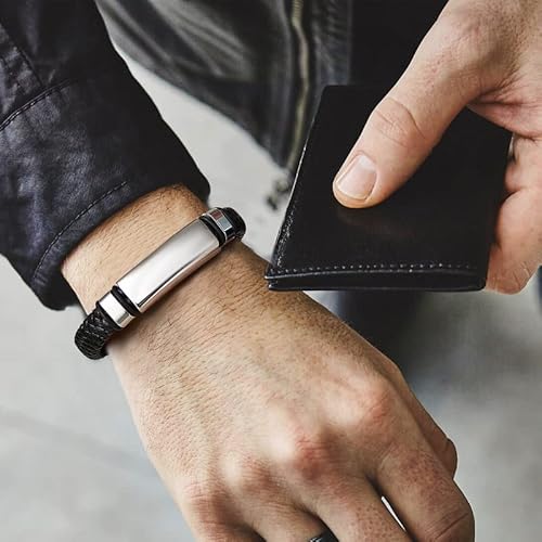 U7 Mens Braided Leather Bracelet With Stainless Steel Id Tag Punk Biker Classic 11Mm Wide Leather Cuff Bracelets, Resizable #TOP3