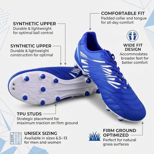 Image of Vizari Valencia Firm Ground Soccer Cleats for Men & Women - Adult Football Shoes with Wide Fit, TPU Studs, Comfortable Design, Size 6.5 to 13 (Unisex)