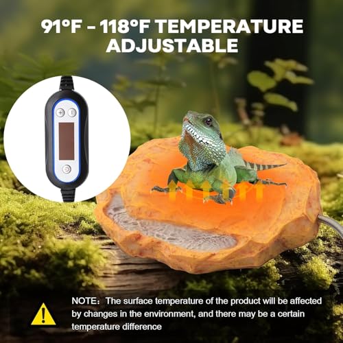 MECESOR Reptile Heat Rock with Feeding Trough Bearded Dragon Heat Rock Temperature Adjustment Heating Rock for Reptiles Tank Basking Climbing Rocks Warmer for Turtle Snakes Hermit Lizard, Yellow