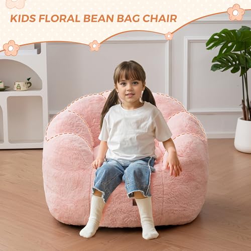 Image of MAXYOYO Kids Bean Bag Chair, Floral Shaped Bean Bag Sofa, Plush Faux Fur Toddler Couch with Petal Backrest for Boys Girls, Stuffed Cozy Sofa for Nursery, Bedroom, Pink