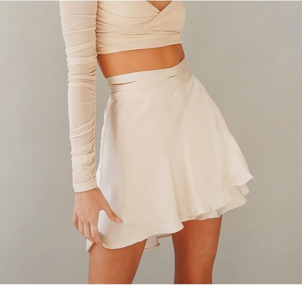 Womens Wrap Mini Skirts Casual High Waist Self Tie Knot Silk Satin Short Skater Skirt