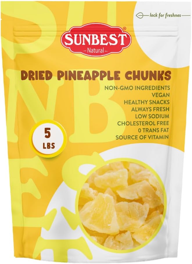 Sunbest Natural Dried Pineapple Chunks - 80 oz (5 lbs) 1 Pack - Juicy Candied Pineapple for Snacking, Baking, & Cooking - Vegan, Kosher, Non-GMO, Plant Based Dehydrated Cut Fruit