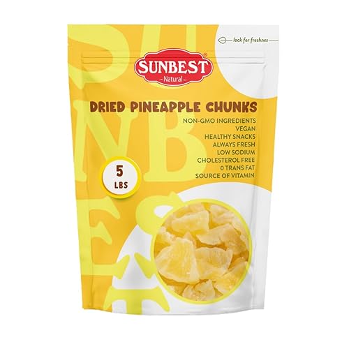 Sunbest Natural Trozos de piña seca 80 onzas (5 libras) 1 paquete Jugosa piña confitada para aperitivos, hornear y cocinar Vegana, Kosher, sin