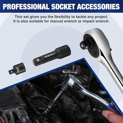 Image of WORKPRO 9-Piece Impact Socket Extension Set, Includes 3 /8 inch Drive Extension Bar Set, 1 /4 inch, 3 /8 inch & 1 /2 inch Drive Universal Joints and Adapters, Premium Chrome Vanadium Steel with Black Phosphate Finish