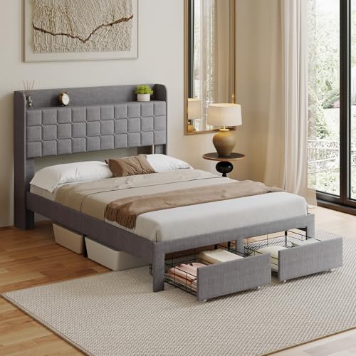 Image of Full Size Storage Bed Frame, Square Tufted Headboard, Platform Bed with 2 Underbed Drawers at Foot, Wooden Slats Support, No Box Spring Needed, Dark Gray