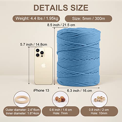 Image of ZUEXT Macrame Cord, Light Blue, 5mm x 328yds Cotton String Macrame Yarn