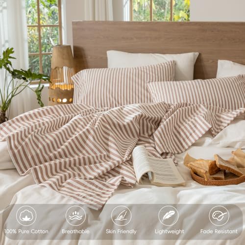 Image of MooMee Striped Sheet Set 100% Washed Cotton Linen Like Twin