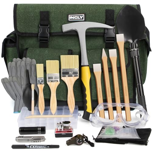 INCLY 26PCS Upgrade Geology Rock Pick Hammer Kit 33.8 oz Hammer & 4 PCS Digging Chisels Set for Rock Hounding Gold Mining & Prospecting Equipment Tool Shovel Musette Bag Compass Whistle Brushes