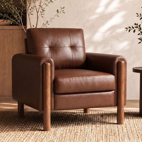 Image of STHOUYN 35 inch Brown Leather Oversized Accent Chair with Wood Armrests, Mid-Century Modern Tufted Living Room Chair, Comfy Reading Sofa Chair with Lumbar Support & Thick Cushion Waiting Room Office