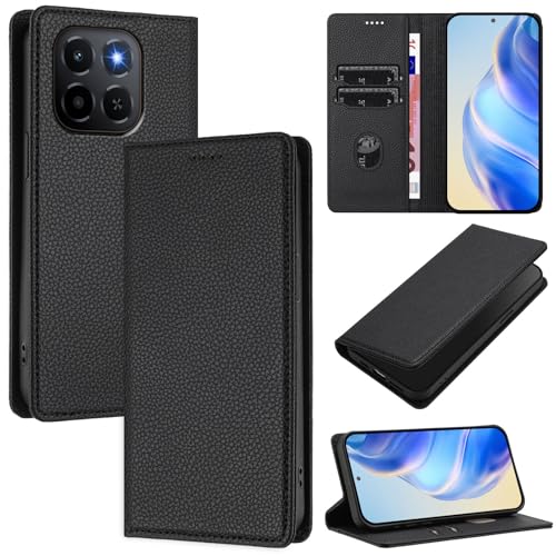 XINYEXIN Leder Hülle für Honor X6c, PU Lederhülle Klapphülle mit Kartenfach Tasche Ständer Magnet Folio Handy Schutzhülle - Schwarz