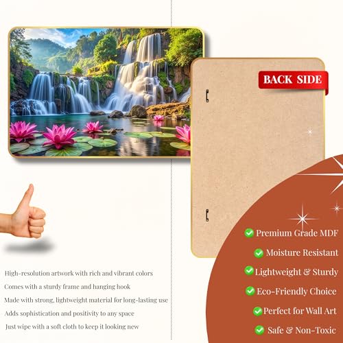 Image of Arkasto Lotus Waterfall MDF Wall Painting | Vastu Positive Wall Art for Living Room, Bedroom, Office & Home Decor | Nature Scenery with Waterfalls & Lotus Flowers (Style-04, 12x18 inch)