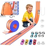 Flexible Race Track for Kids, Portable Flex Track with 4 Strong Suction Cups & 8 Scale Diecast Cars, Flexible Car Tracks for Kids, A Great Birthday Gifts for Boys & Girls Aged 3+ (Orange and Blue)
