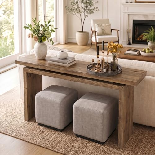 TRIBEWOOD 63-Inch Solid Wood Console Table for Entryway, Farmhouse Narrow Long Sofa Table Behind the Couch for Living Room, Hallway, Foyer, Entrance, Unique Dual-Layer Tabletop, Rustic Brown - image 4