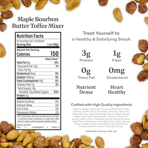 Image of Belmont Peanuts Gourmet Maple Bourbon Butter Toffee Mixer with Maple Bourbon-Spiced Sea Salt and Butter Toffee Virginia Peanuts, 18 oz (1 Pack) - Simple Ingredients, No Preservatives, Hand Seasoned