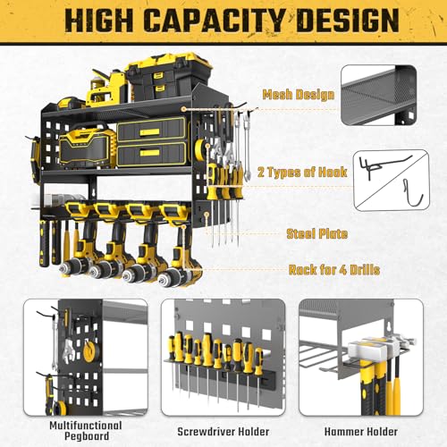 SPACECARE Power Tool Organizer, Drill Holder Wall Mount with 2 Side Pegboards with Hooks, 3 Layer Garage Organization Heavy Duty Tool Organizers Utility Rack for 4 Drill Holders Black - Image 4