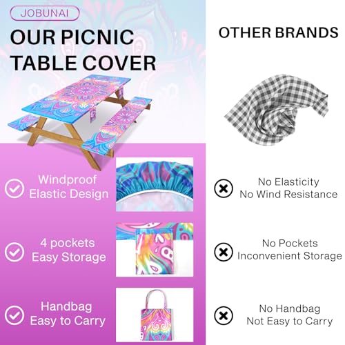 3 Piece 96x30Inch Picnic Table Cover with Bench Covers Fitted Elastic Weather Proof Camping Table Clothes Camp Motorhome Tools Gardening Rv Items Outside Road Trips Must Haves Gift for Adults