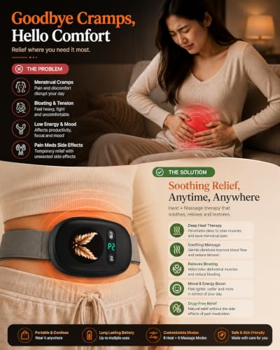 Image of Comfytemp Period Cramp Massager with 6 Heat & 6 Massage Modes, Cordless Electric Heating Pad for Pain Relief, Back & Belly Menstrual Heat Belt with 1800mAh Battery & Adjustable Strap, Gift For Women