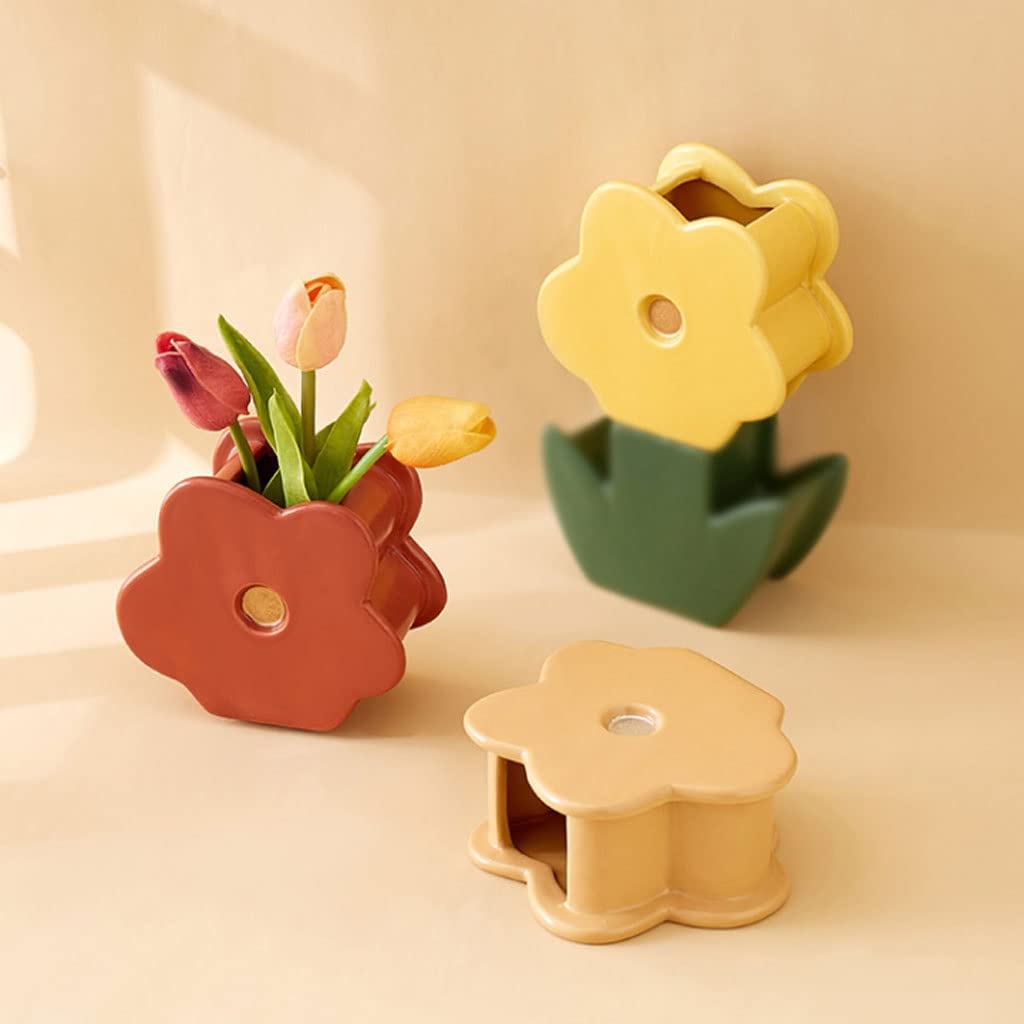 Wazon na Kwiaty Twórczy Flower Shape Wazon Nordic Śliczne ceramiczne wazony stół dekoracje Salon suszone kwiaty do wystroju domu Sztuki Dekoracyjny(Yellow)