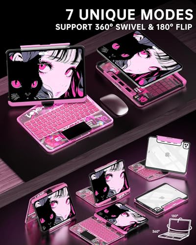 Image of Intermerge Transparent Keyboard Case for iPad Pro 11 inch(M5,2025 / M4,2024), 360 Rotating Multi-Touch Trackpad, 7-Color Backlit Keyboard, Pencil Holder, Type-C Charging, Blush Pulse