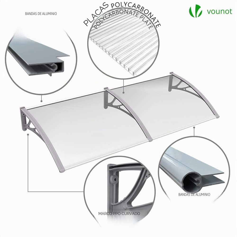 VOUNOT® Marquesinas Exterior para Puertas y Ventanas, 200 x 80 cm Tejadillo de Protección, Toldo Cubierta de Policarbonato en Jardín, Gris