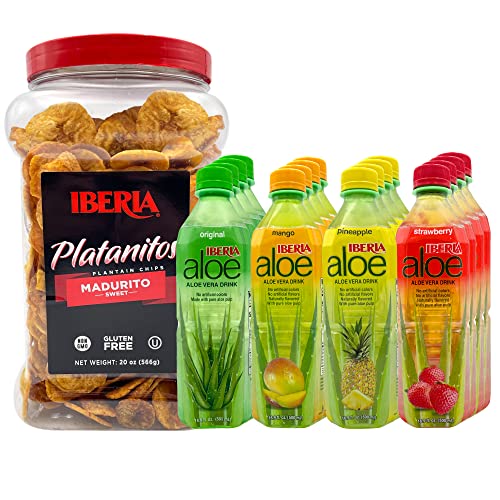 Iberia Aloe Vera Drink, Variety, (Pack Of 16) 4 X Original, 4 X Mango, 4 X Pineapple, 4 X Strawberry + Maduritos Naturally Sweet Plantain Chips, 20 Oz. #TOP20