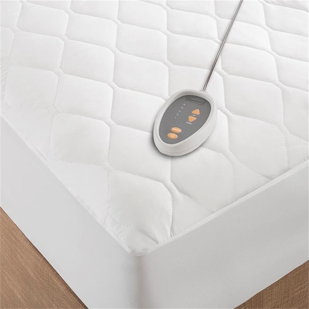 Pemberly Row Contemporary Cotton Blend Heated Mattress Pad in White Full