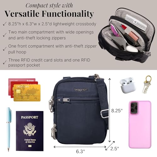 baggallini securtex anti-theft mini everything crossbody bag 6334x82534 rfid locking zippers amp cut-resistant strap