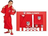 albornoz atletico de madrid niño Juego compuesto por Albornoz de algodón para niño/a de altura 145 a 165 cmts. + Toalla de Baño (100X50cm) + Zapatillas de baño. Todo con el escudo bordado y de Algodón 100%.