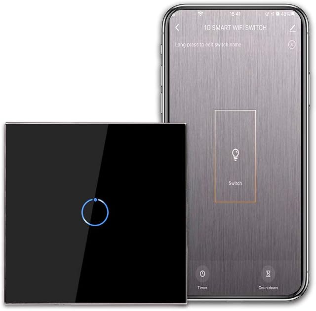 CNBINGO WiFi Single Touch Light Switch, Smart Switch Work with Alexa/Google Home, Multi-Way Smart Life App Control Timer Switch,Black Glass Panel,LED Backlight,1-Gang,No Neutral Wire Required