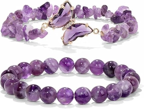 Amethyst Bracelet For Women Anxiety Amethyst Beaded Bracelets Butterfly Charms Healing Stone Layered Bracelet Gifts For Women 2pcs