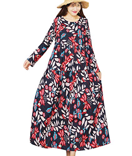 Women Casual Loose Long Maxi Swing Dress Bohemian Floral Printed Long Sleeve Round Neck/Pockets EK6 (L, EK6 As Picture92-Long Sleeve)