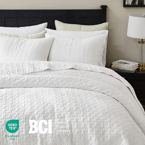 Image of palassio White 100% Cotton Quilt Queen Size Bedding Sets with 2 Pillow Shams, Textured Lightweight Soft Bedspread Shabby Chic Coverlet, Quilted Comforter Bed Cover for All Season, 3 Pieces