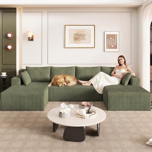Image of 124 inch Modular Sectional Sleeper Sofa, Boneless Cloud Couch for Living Room, U Shaped 3 Seat Sofa with Deep Seat, Free Combination, Couch in a Box, No Assembly Required (Green)