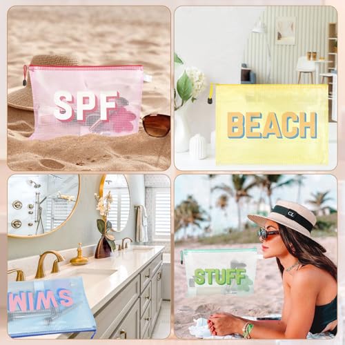 8PCS Beach Makeup Bags SPF Cosmetic Bags for Women Girls Summer Varsity Zipper Pouch Clear Waterproof Beach Toiletry Organizer Trendy PVC Makeup Bag for Travel Sandproof Essential4