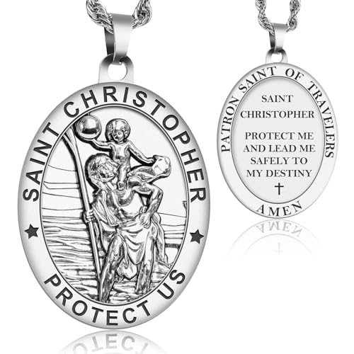 Saint Christopher Necklace, St Christopher Necklace Medal Religious Bless Safety Gift for Men Women Family Friends