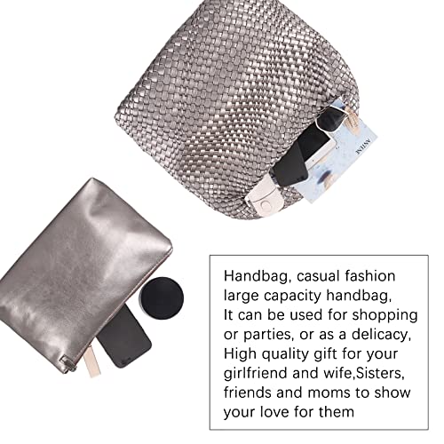 Image of Woven Tote Bag with Purse for Women Hobo Vegan Leather,Large Handmade Beach Handbag,Shoulder Underarm Bag (SILVER)