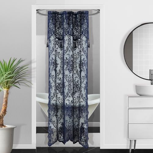 Warm Home Designs Navy Blue Stall Shower Curtain 36 x 72 Inches with Attached Valance & 4 Tassels. Luxury Lace Small Shower Curtain for The Bathroom or RV. LA Navy 36" by Warm Home Designs - Used condition - US$13.78