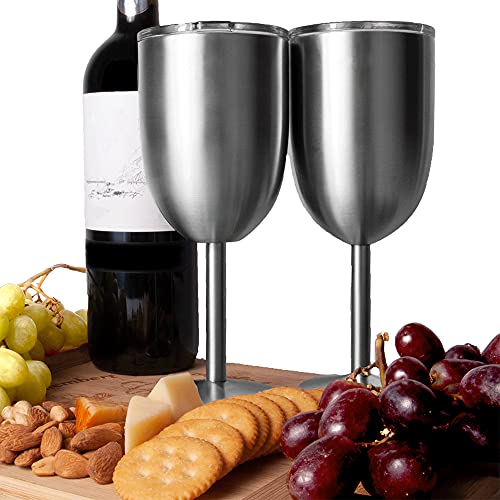Emesly Stainless Steel Wine Glasses Double-Walled Insulated (Set Of 2) Unbreakable Goblets; Metal Stemmed Wine Tumblers With Leak Resistant Lids For Red & White Wine, 12 Oz. #TOP5