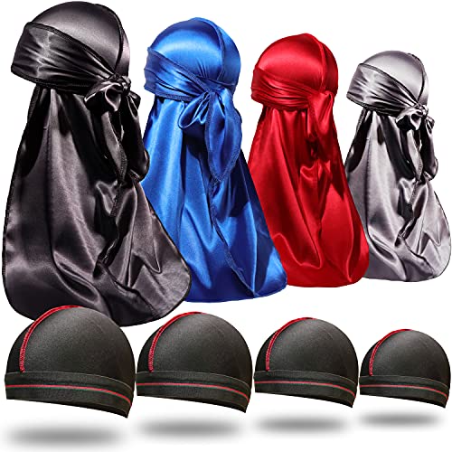 ForceWave 8PCS Silky Durag Men Wave Cap Long Tail Do...