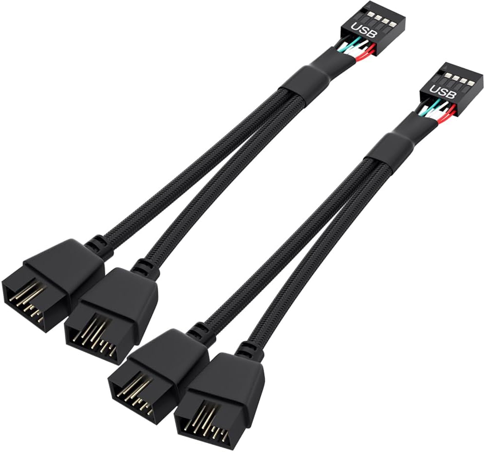 OwlTree 2 Pack Motherboard USB 2.0 to Dual 9 Pin Extension, USB Header Splitter for Internal Computer Motherboard (Braided Black)