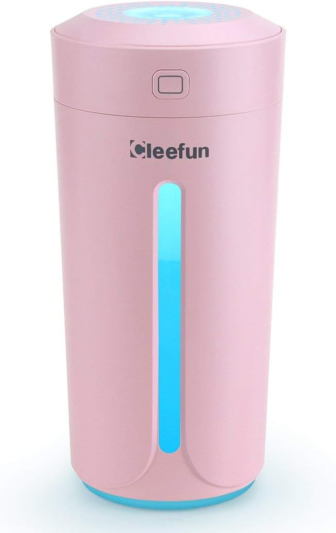 CLEEFUN Cool Mist Humidifier, Ultrasonic USB Portable Mini Quiet Air Humidifiers for Office Desk Car Travel Hotel Bedroom, 230ML Desktop Cup Humidifier with 7 Colors LED Night Lights(Pink)