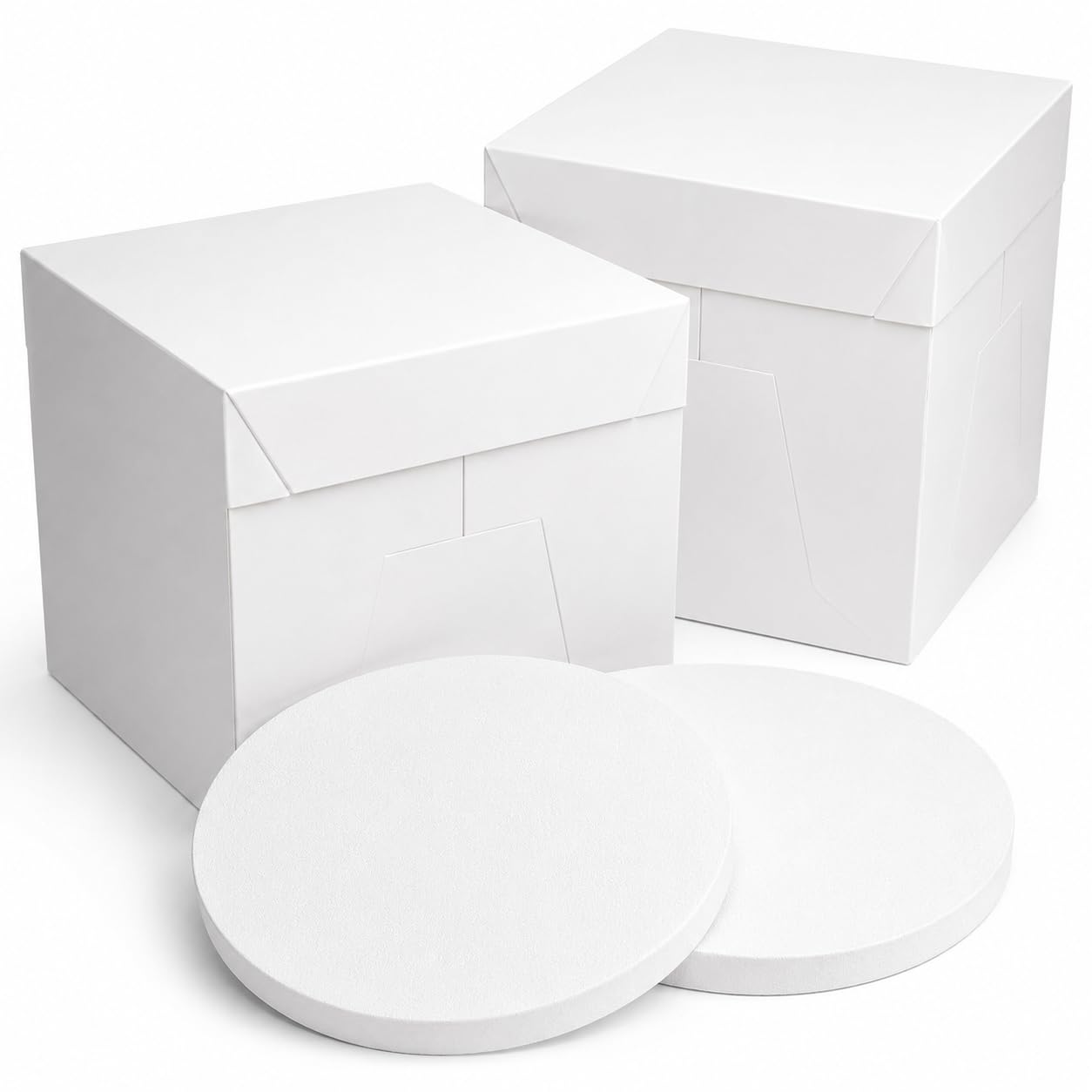 Defresit 2x PremiumTall White Cake Box & Round Cake Drum Board Combo 12 Inch – Extra Deep, Strong for Wedding, Birthday, Celebration Cakes – 25mm Thick Cake Base for Stacked Cakes