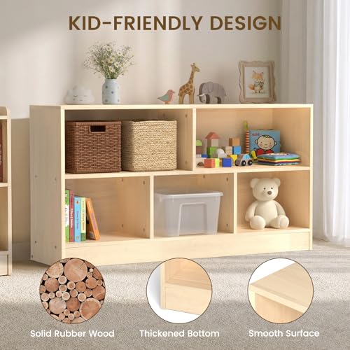 Image of Solid Rubber Wood Kids Storage Cabinet, 5-Section Toddler Montessori Bookshelf, Kids Organizer for Classroom, Playroom, Kindergarten, Medium Size