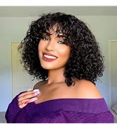 LYOLKSER glueless short water wave human hair wig with bangs 200% density 100 percent human hair ...