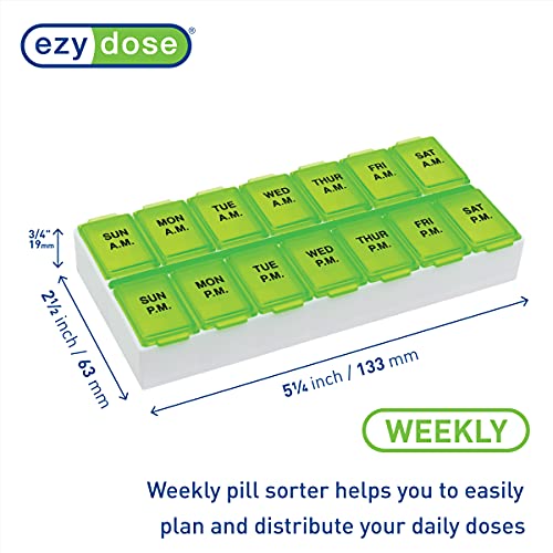 Image of Ezy Dose Weekly (7-Day) Daily AM /PM Pill Organizer, Vitamin Planner, and Medicine Container, Case for Supplements and Fish Oils, Medium Compartments, 2 Times a Day, Green, BPA Free